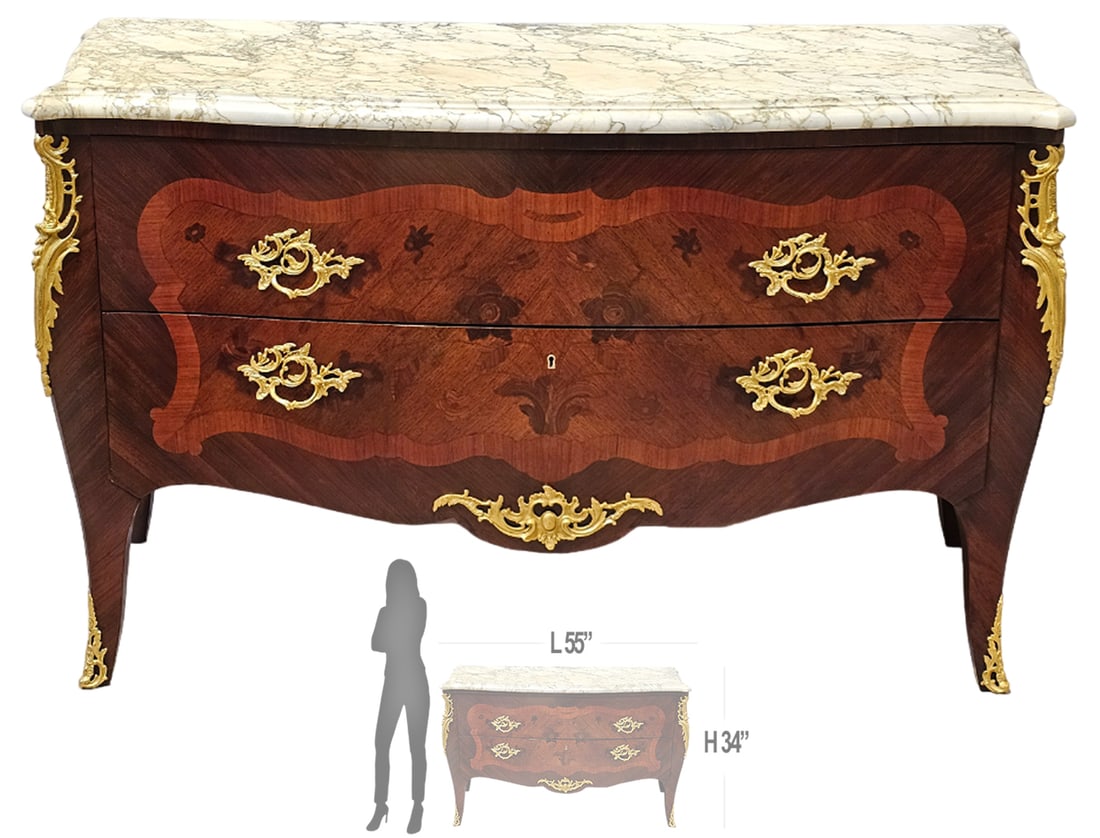 19th Century Louis XV Style Bronze Marquetry Commode: 19th Century Louis XV Style Bronze Marquetry Commode. H 34" x W 23" x L 55"