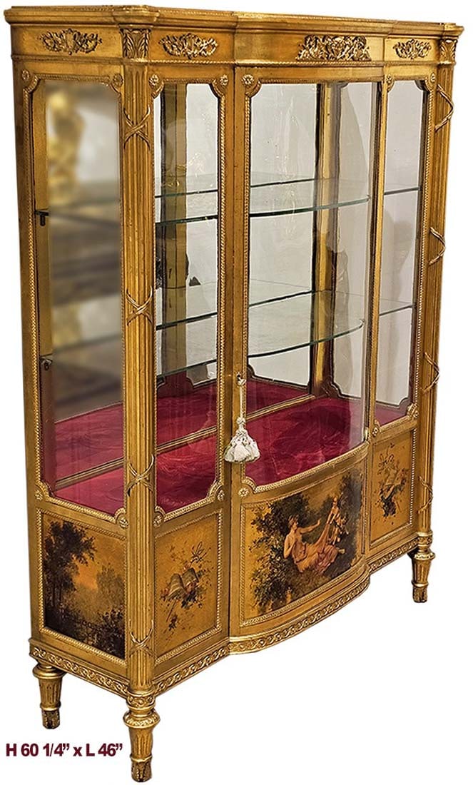 19th Century French Vernis Martin Bronze Mounted Gold Wood Vitrine: 19th Century French Vernis Martin Bronze Mounted Gold Wood Vitrine. H 60 1/4" x W 14 7/8" x L 46"