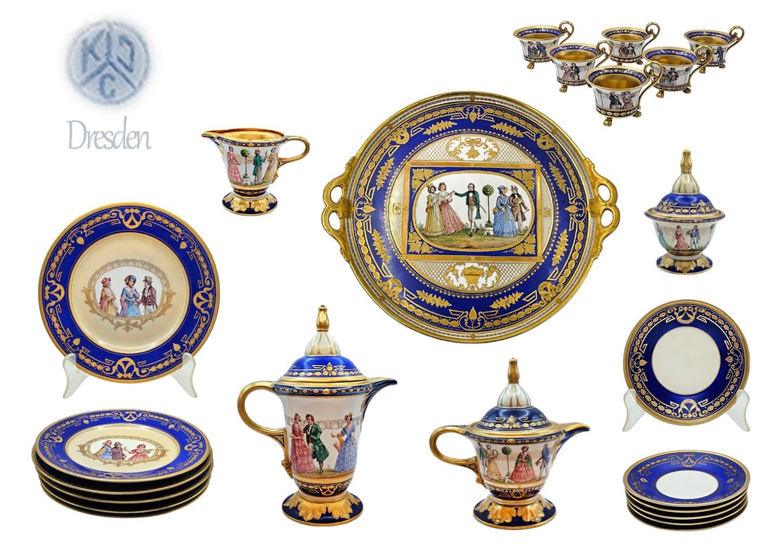 19th C. (23Pcs) Blue Dresden Hand Painted Porcelain Tea / coffee Set: 19th C. (23Pcs) Blue Dresden Hand Painted Porcelain Tea / coffee Set. Tray: W 14" x L 15 1/2" \ Plates: D 8" \ Saucers: D 5 1/2" \ Large teapot: H 11" x W 5" x L 8" \ Sugar bowl: H 6" x W 4" \ Small t