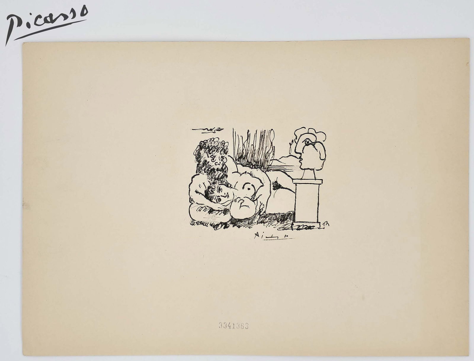 Picasso 'Escultor En Reposso' Etching Lithography Print, Signed: Picasso 'Escultor En Reposso' Etching Lithography Print, Signed Signature in print plate. (10.5 x 8 cms) Certified and Stamped by "Musee de Orsay" in Paris & "Christie's" Musee de Orsay certificate is