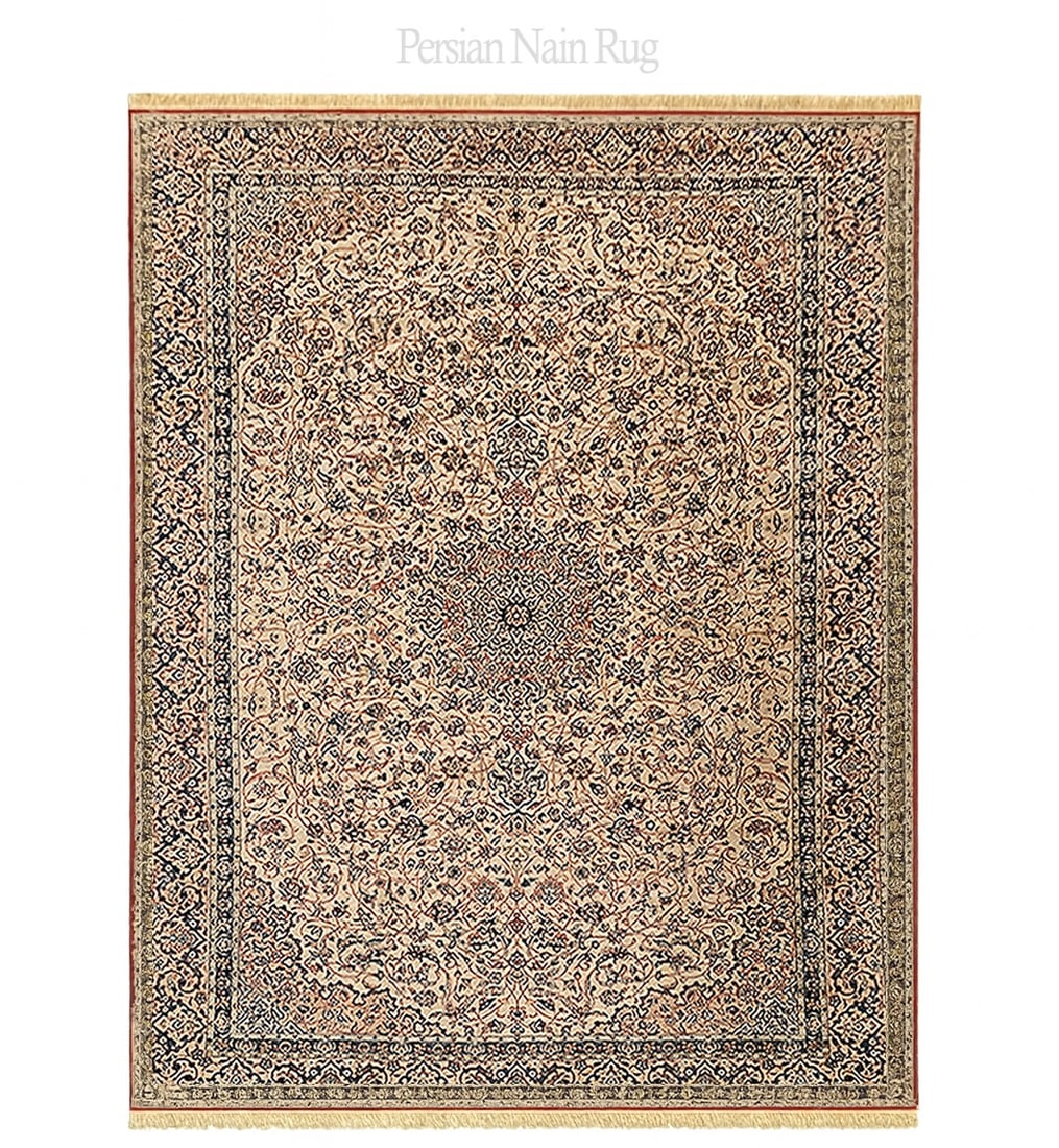 Fine Antique Persian Nain Rug: Fine Antique Persian Nain Rug. Known for its intricate curvilinear floral designs, use of high quality Wool & Silk. Classic color paleta of Blue % Light Cream. Carpet is over 60 years old. 9' x 12'