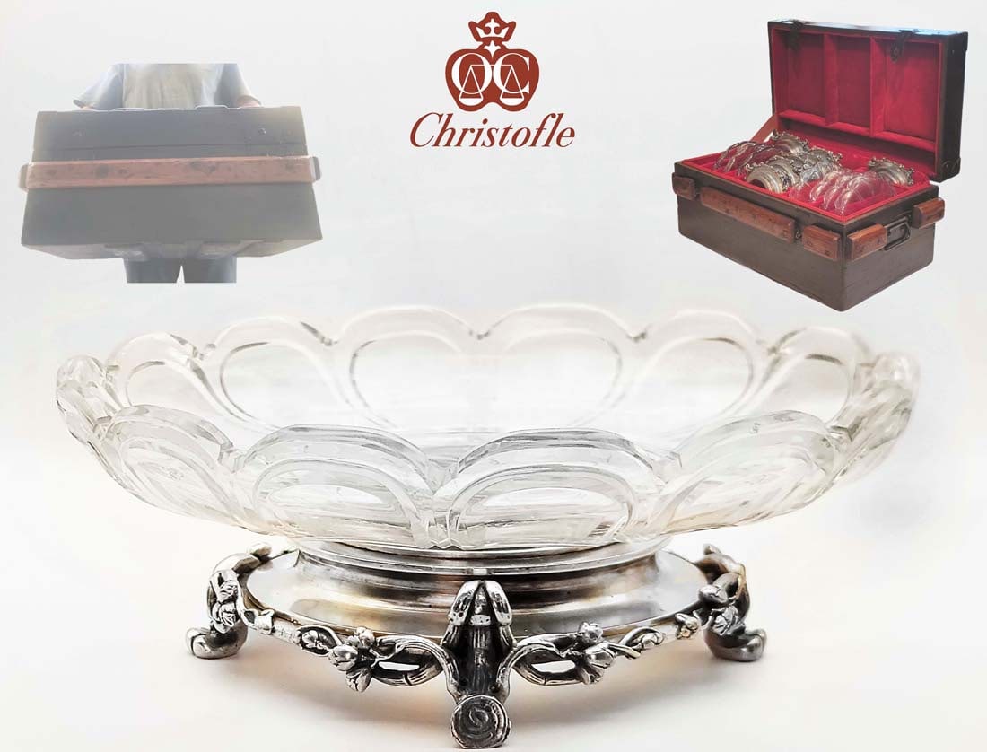Set Of Eight 19th C. French Silver Plated Christofle Centerpieces With Original Storage Trunk: Set Of Eight 19th C. French Silver Plated Christofle Centerpieces With Original Storage Trunk. Wooden trunk: H 11 7/8" x W 14 1/2" x L 23 1/2" \ Centerpieces: H 3 1/4" x W 8 7/8"