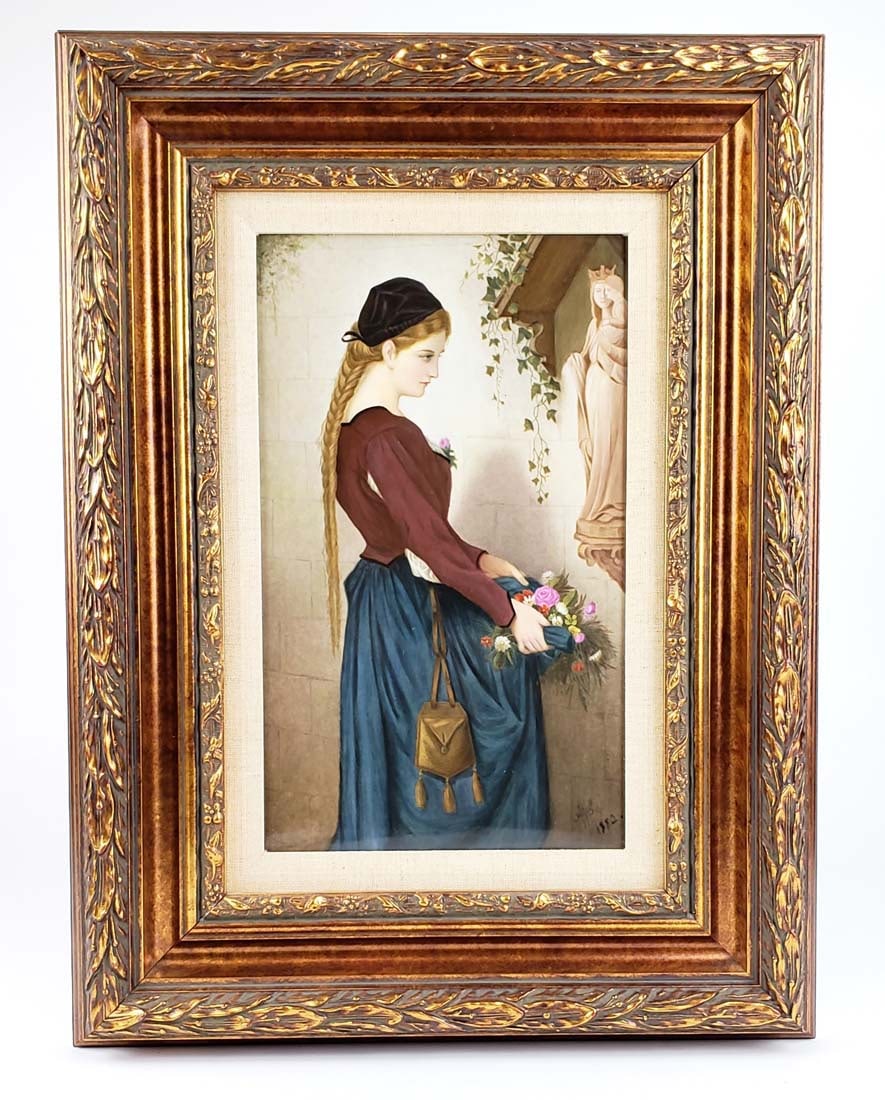 Magnificent 19th C. KPM Plaque of Marguerite: Magnificent 19th C. KPM Plaque of Marguerite. Signed and dated by artist on lower right of painting, "WS 1882", In original 19th century hand carved gold leaf wooden frame. Plaque is fully marked and