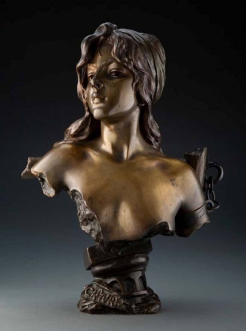 After Emmanuel Villanis (French, 1858-1914) "Capture" Bronze with brown patina: After Emmanuel Villanis (French, 1858-1914) "Capture" Bronze with brown patina. Sculpture measures H: 23 x 19 x 7 inchesInscribed to base: CAPTUREInscribed to arm manacle: E. VillanisFoundry mark: