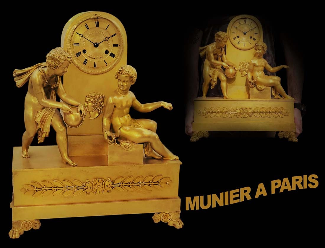 19th C. Figural Empire Bronze Clock: 19th C. Figural Empire Bronze Clock. H 18" x W 6 1/2" x L 15"
