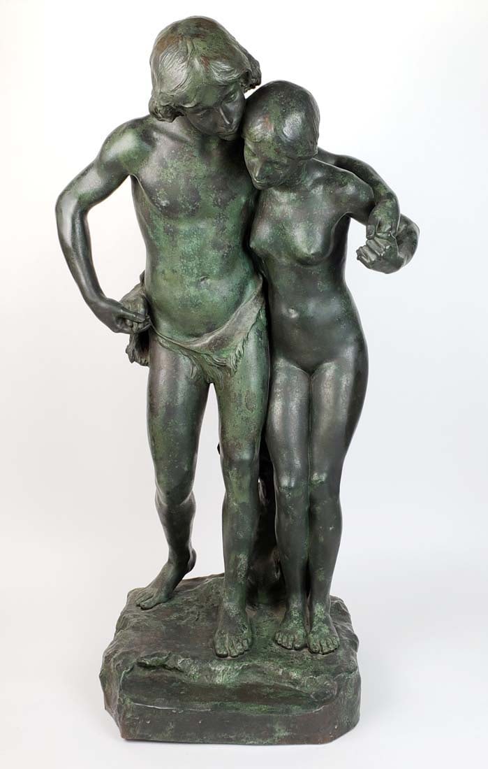 19th C. Bronze Statue "Paul & Virginia", Signed J. Escoula with Foundry Stamp: 19th C. Bronze Statue "Paul & Virginia", Signed J. Escoula with Foundry Stamp "Lois De Cauville/ Foudeur Paris" in casting. Measures H: 32 1/2" W: 19"