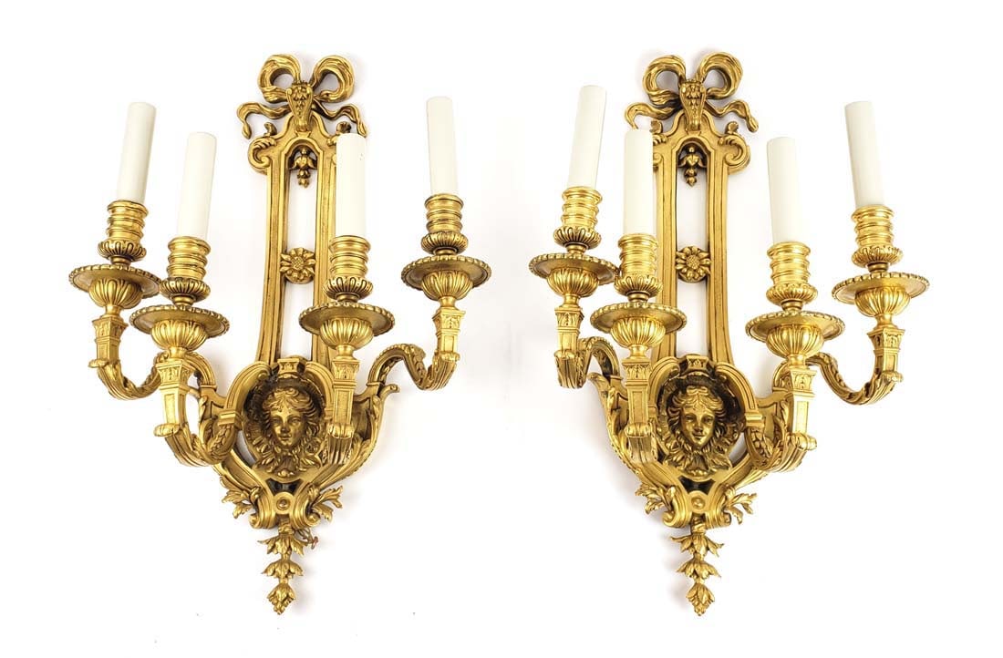 Pair of 19th C. French Gilt Bronze Figural Wall Sconces: Pair of 19th C. French Gilt Bronze Figural Wall Sconces. They measure H: 21" W: 14 1/2" D: 6 1/2"