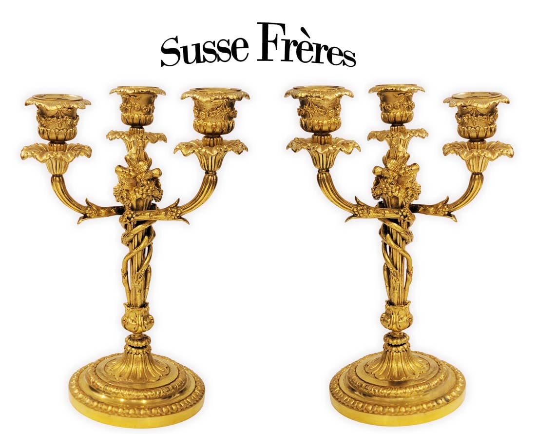 Pair Of 19th Century French Gilt Bronze Susse Freres Candelabras: Pair Of 19th Century French Gilt Bronze Susse Freres Candelabras. H 10" x W 6"