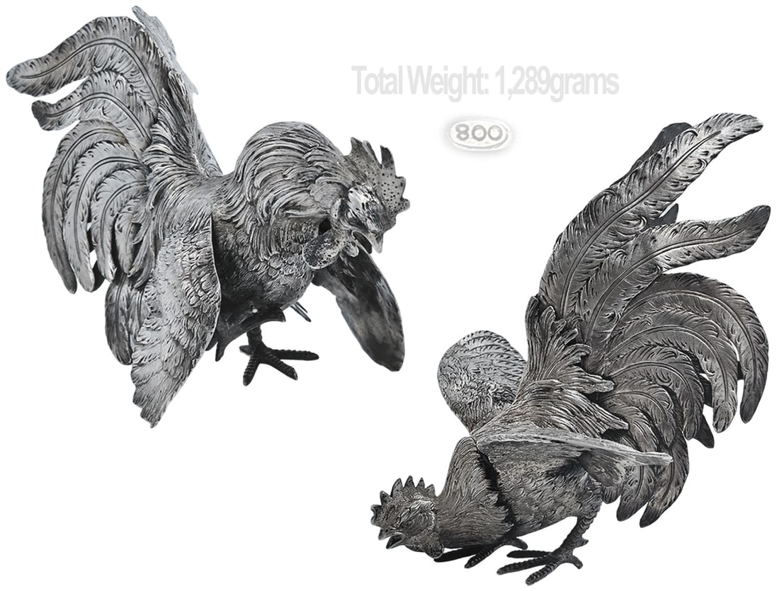 Pair Antique Solid 800 Silver (1,289g) Cockerels / Roosters fighting (1 of 14)