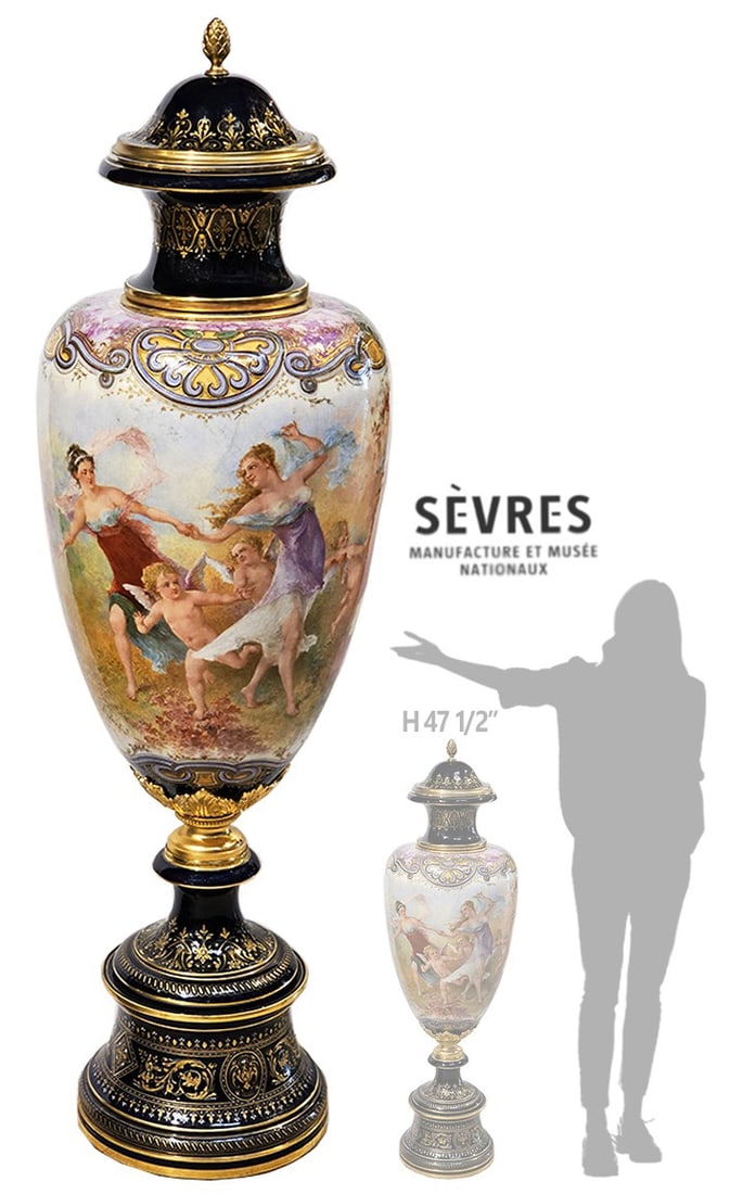 Very Large 19th C. French Hand Painted Sevres Rotatable Centerpiece \ Vase, Signed (1 of 16)