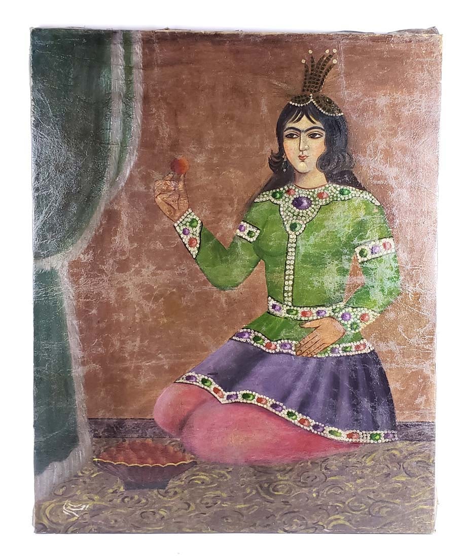 19th C. Perisan Qajar Oil on Canvas: 19th C. Perisan Qajar Oil on Canvas. Measures 37 1/4" x 30 1/4"