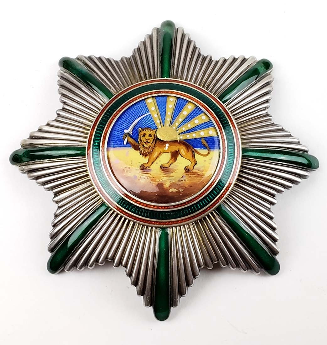 Pahlavi Sterling Silver Enameled Lion & Sun Medal: Pahlavi Sterling Silver Enameled Lion & Sun Medal. Measures 3 3/4" x 3 3/4"