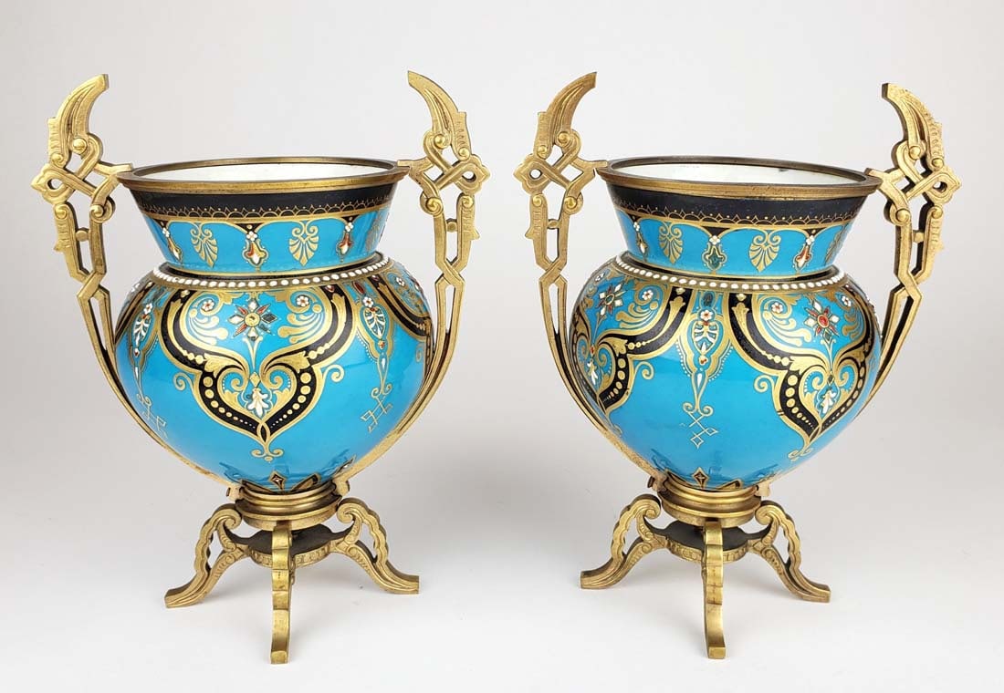 Pair of 19th C. French Jewelled Bronze Mounted Vases: Pair of 19th C. French Jewelled Bronze Mounted Vases. Measures H: 8 1/4" W: 6"