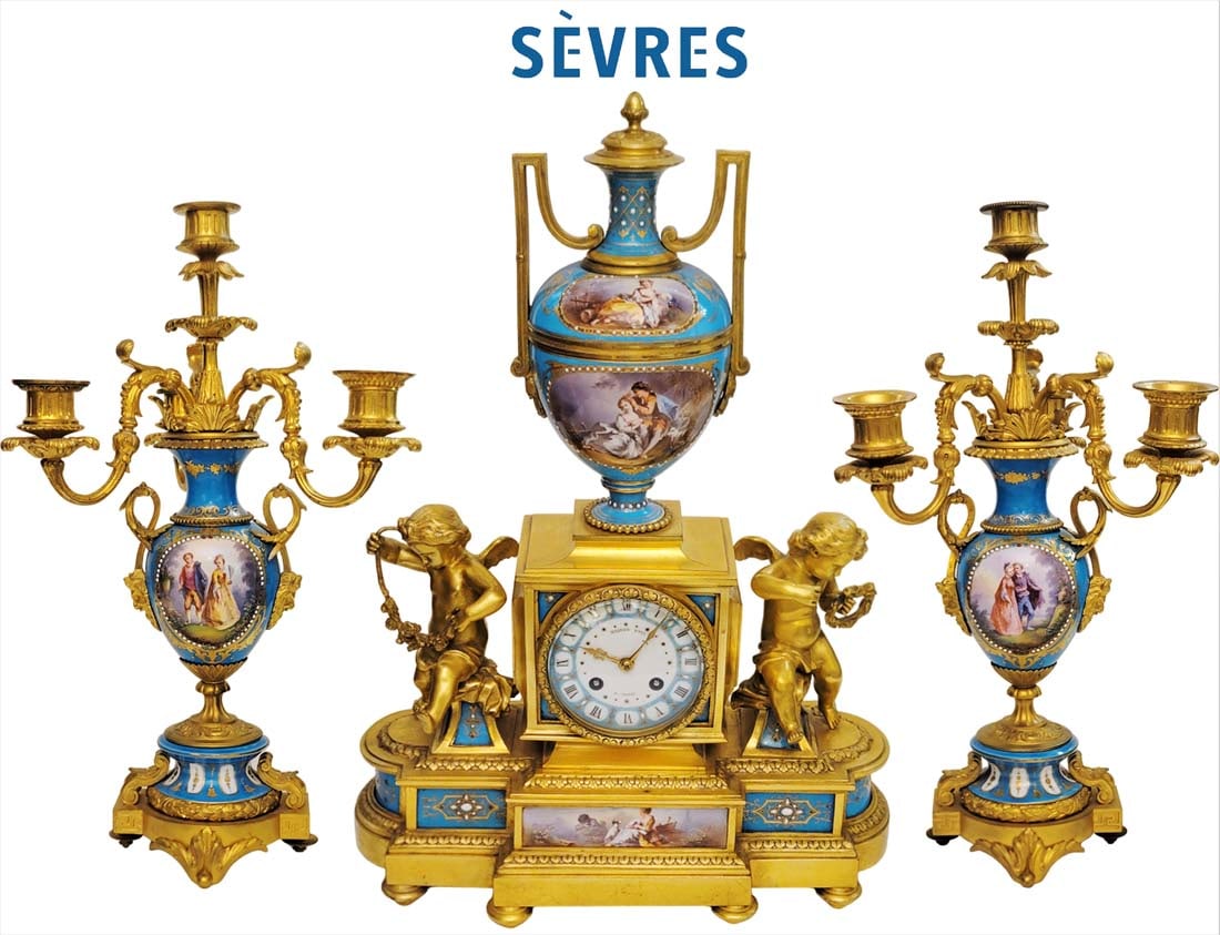 19th C. French Sevres & Figural Bronze Clockset: 19th C. French Sevres & Figural Bronze Clockset. H 19 1/2" x W 5 1/2" x L 13 7/8" \ Candelabras: H 17 x W 10"