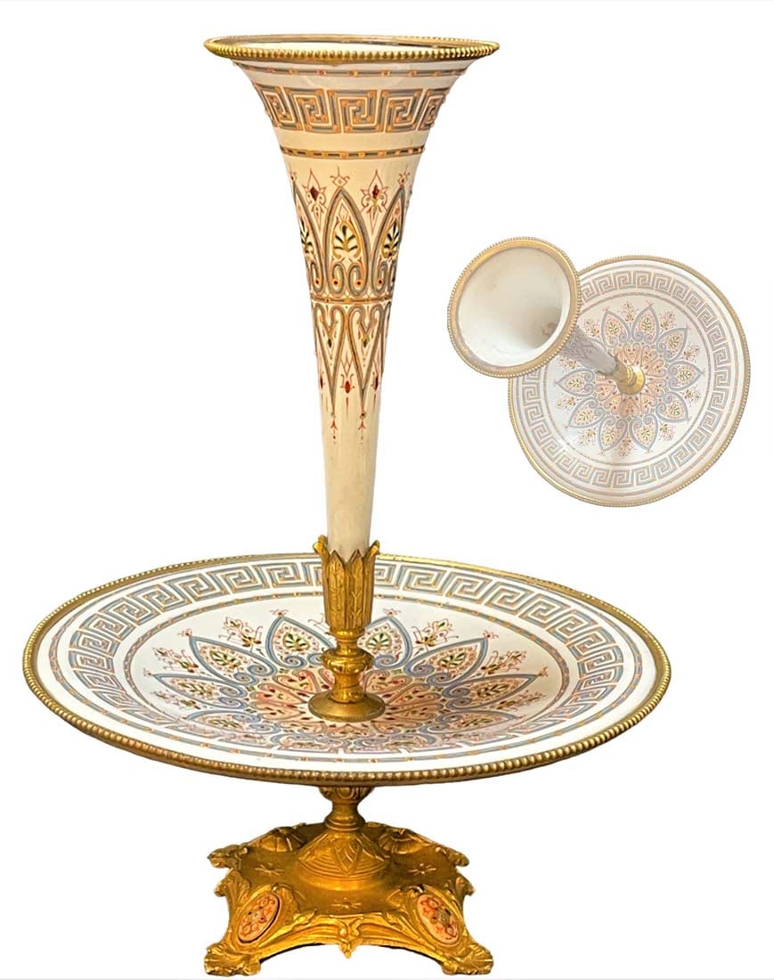 19th C. French Bronze, Enamel Jeweled Centerpiece: 19th C. French Bronze, Enamel Jeweled Centerpiece. H 11" x W 8"