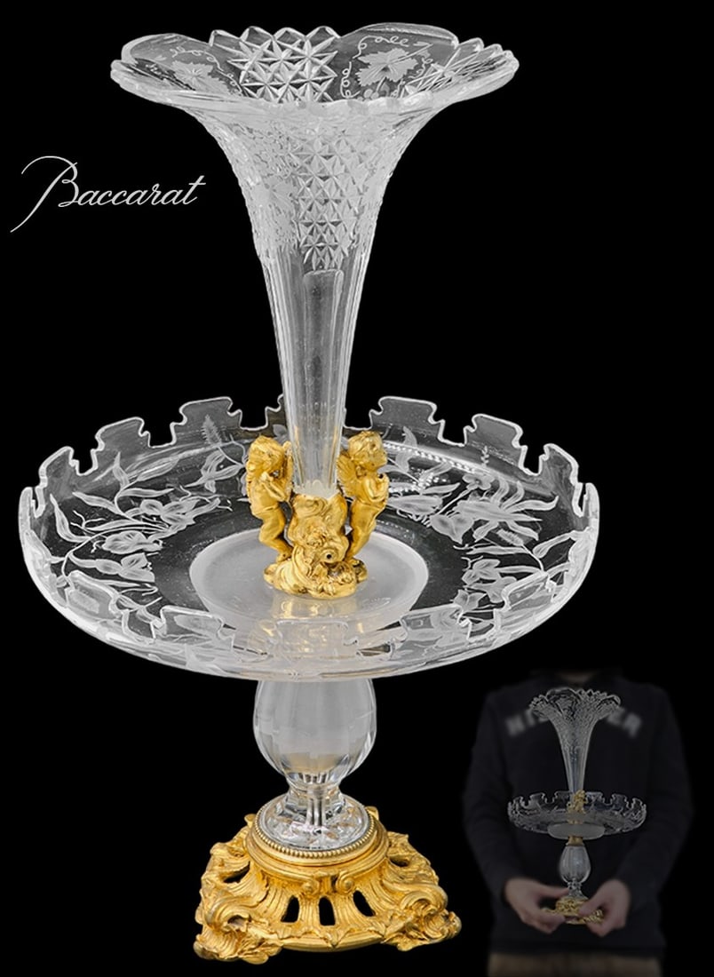 19th C. French Figural Bronze Mounted Baccarat Top Crystal Centerpiece, Signed By Courtois (1 of 13)