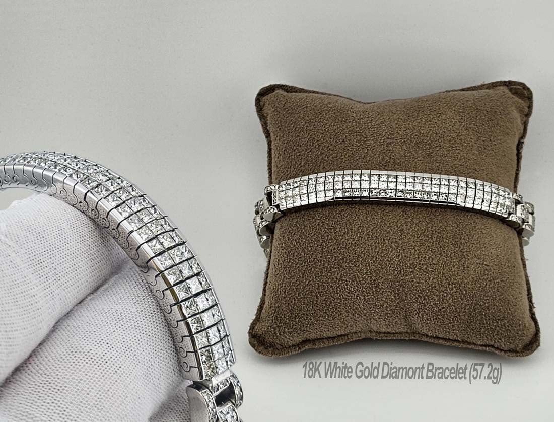 18K White Gold Diamont Bracelet (57.2g): 18K White Gold Diamont Bracelet (57.2g) Round Brilliant Diamonds 3.33 CTS G-H VS1, Princess-Cut 5.63 CTS G-H VS1