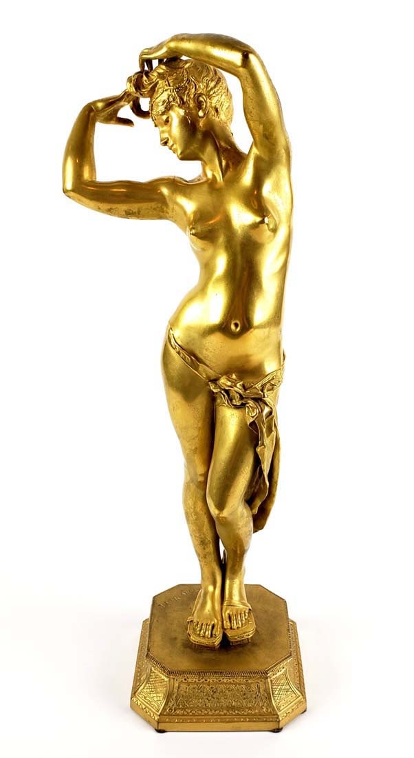 Magnificent 19th C. Tony Noel Signed Gilt Dore Bronze Nude Woman Figure: Magnificent 19th C. Tony Noel Signed Gilt Dore Bronze Nude Woman Figure. This is a magnificent original 19th century French gilt dore bronze statue of a woman standing. The re is a sash around her hip
