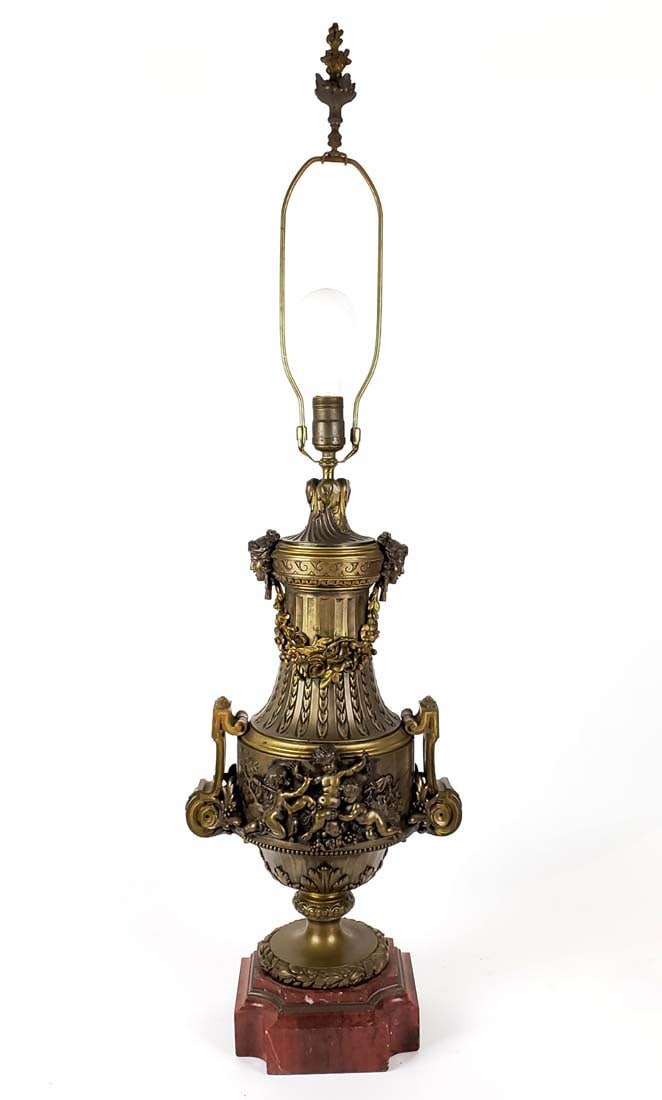 19th C. French Art Noveau Bronze & Rouge Marble Lamp (1 of 8)