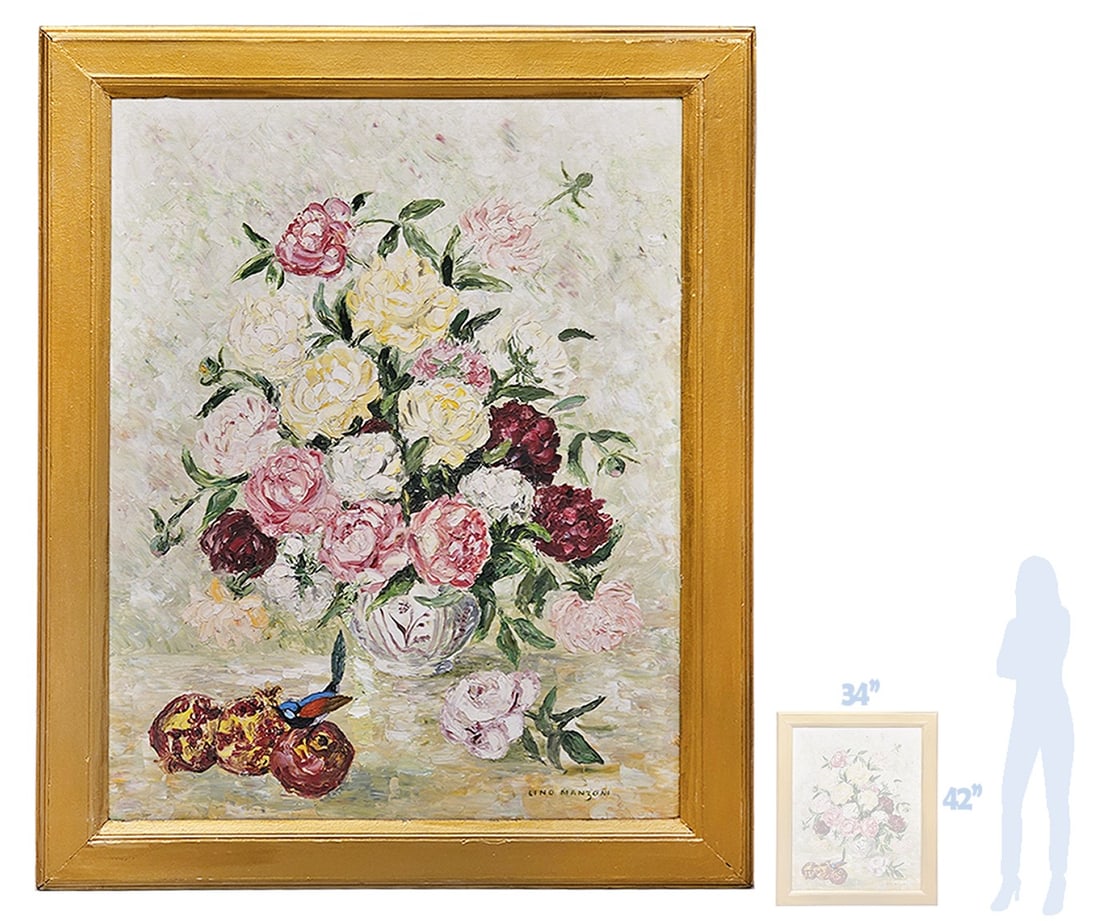 Italian Lino Manzoni 'Flowers, Pomegranates & A Bird' Oil On Board Painting (1 of 8)