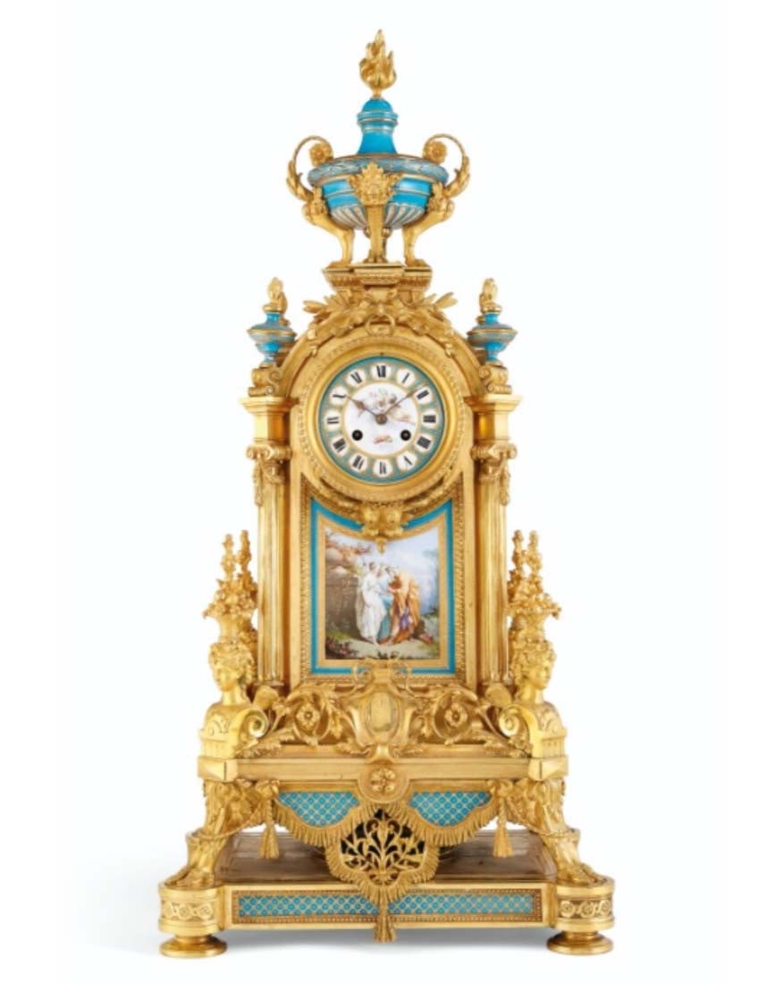 Magnificent Large 19th C. Sevres Gilt Bronze & Porcelain Mantle Clock: Magnificent Large 19th C. Sevres Gilt Bronze & Porcelain Mantle Clock. The arched clock-case surmounted by an urn en flambeau, supported by female busts, the reverse finely painted with a landscape of