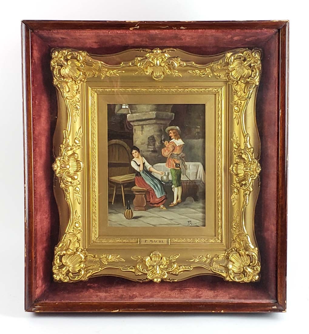 19th C. P. Macri Oil On Board Framed in Case: 19th C. P. Macri Oil On Board Framed in Case. The case measures 18" x 16", the frame measures 21 3/4" x 19 3/4" and the canvas measures 11 3/4" x 9 3/4"