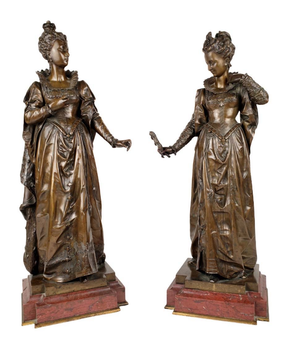 Pair of Large 19th C. Bourret Signed Bronze & Rouge Marble Statues of Queen Victoria & Elizabeth: Pair of Large 19th C. Bourret Signed Bronze & Rouge Marble Statues of Queen Victoria & Elizabeth. They measure H: 19 3/4" W: 7" and H: 19" W: 7"