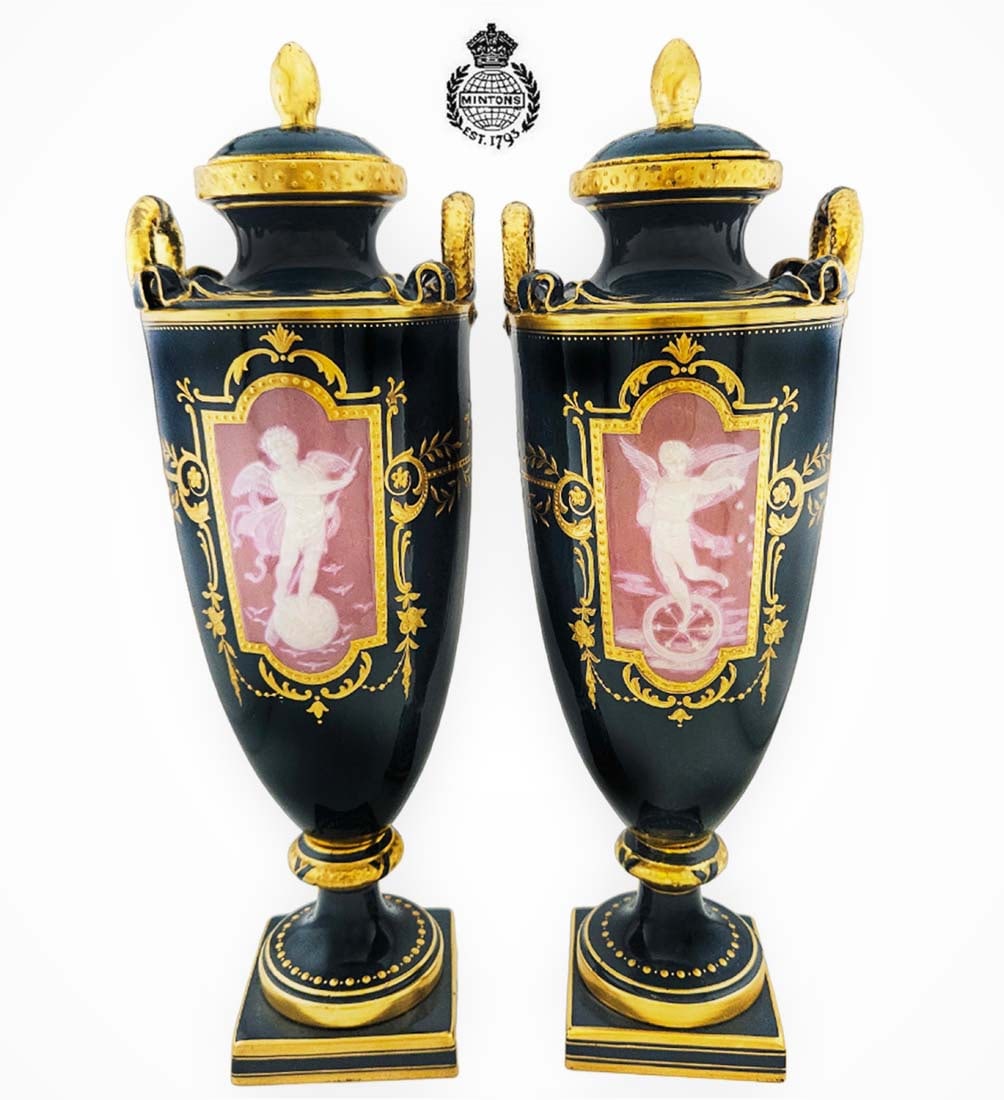 Pair of 19th C. Pate Sur Pate Mintons Porcelain Angel Vases / Urns Signed By Birks (1 of 17)