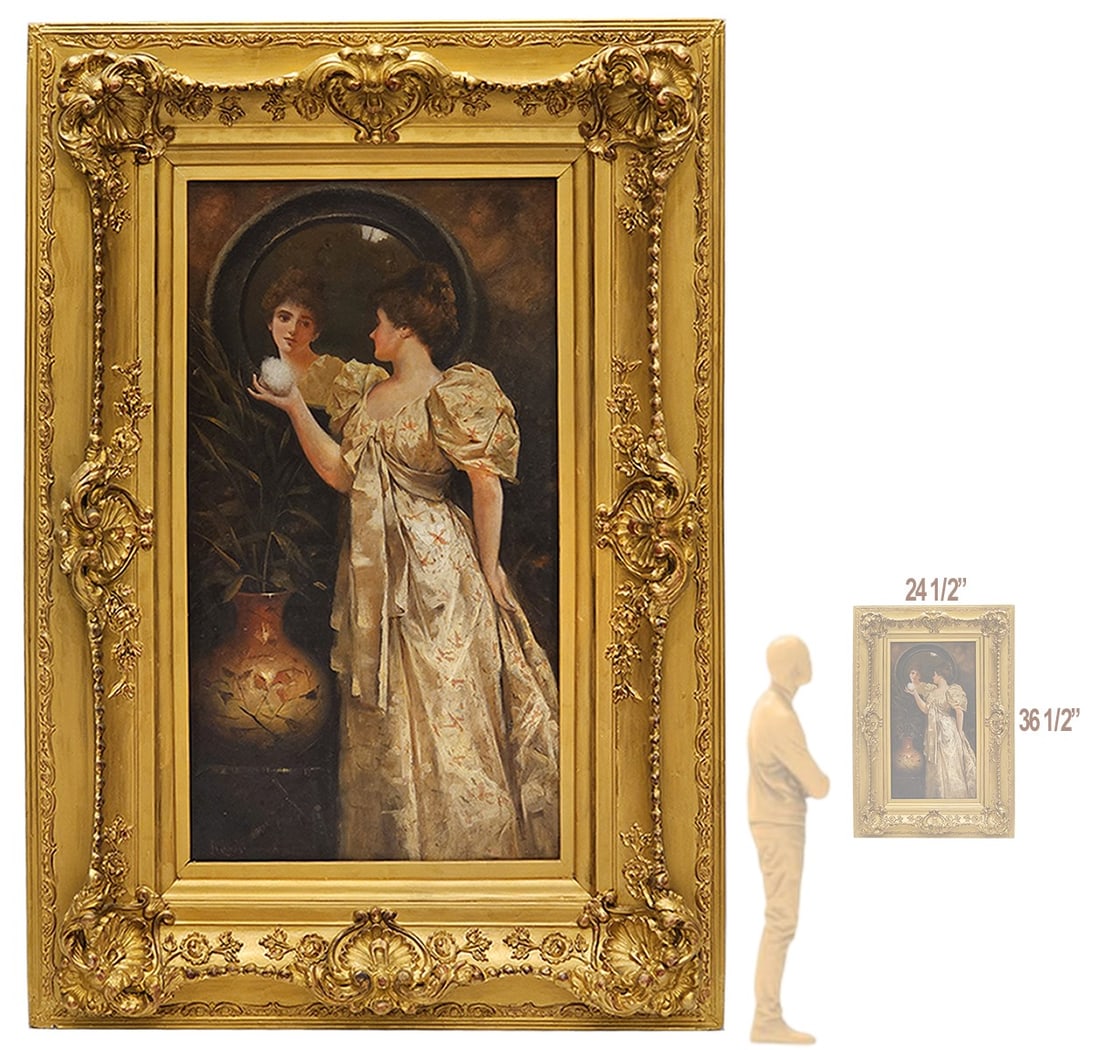 19th C. Oil On Canvas "Lady At Mirror" Painting, Signed (1 of 9)