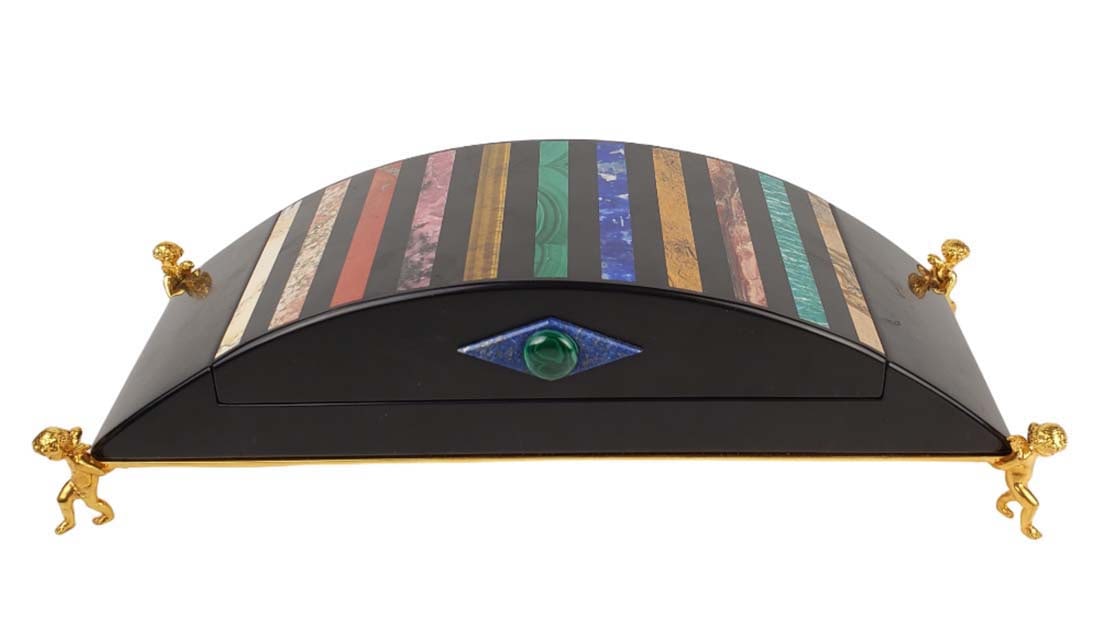 Magnificent Italian Assorted Precious Stone Jewelry Box with Putti Feet: Magnificent Italian Assorted Precious Stone Jewelry Box with Putti Feet. Measures H: 3 3/4" Closed H: 5 3/4" Open L: 12 1/2" D: 5 1/4"