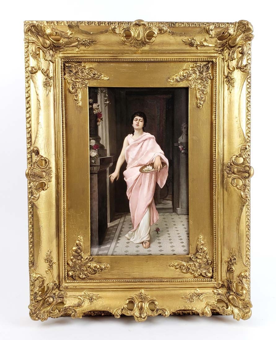 Magnificent 19th C. KPM Porcelain Plaque of Maiden: Magnificent 19th C. KPM Porcelain Plaque of Maiden. The frame measures 22 1/4" W: 17" and the plaque measures 13 1/4" x 8"