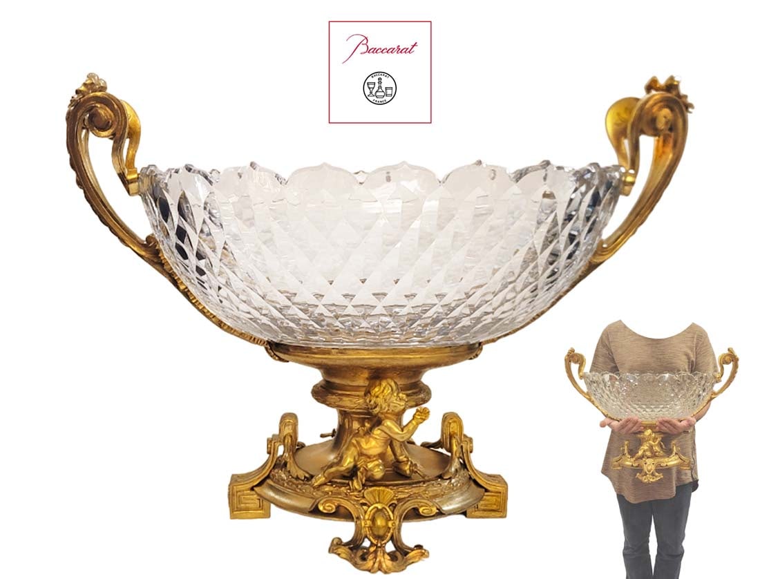 Very Large 19th C. Figural Bronze With Baccarat Crystal Centerpiece: Very Large 19th C. Figural Bronze With Baccarat Crystal Centerpiece. H 16 1/2" x W 12 1/2" x L 23 1/2"