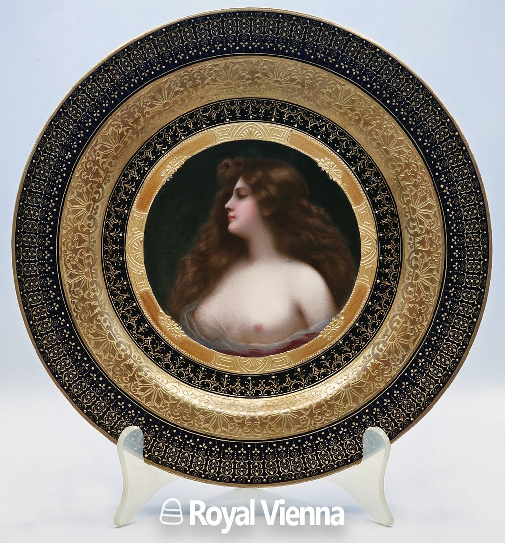 19th C. Royal Vienna Jeweled Hand Painted Portrait Plate: 19th C. Royal Vienna Jeweled Hand Painted Portrait Plate. D 9 1/2"