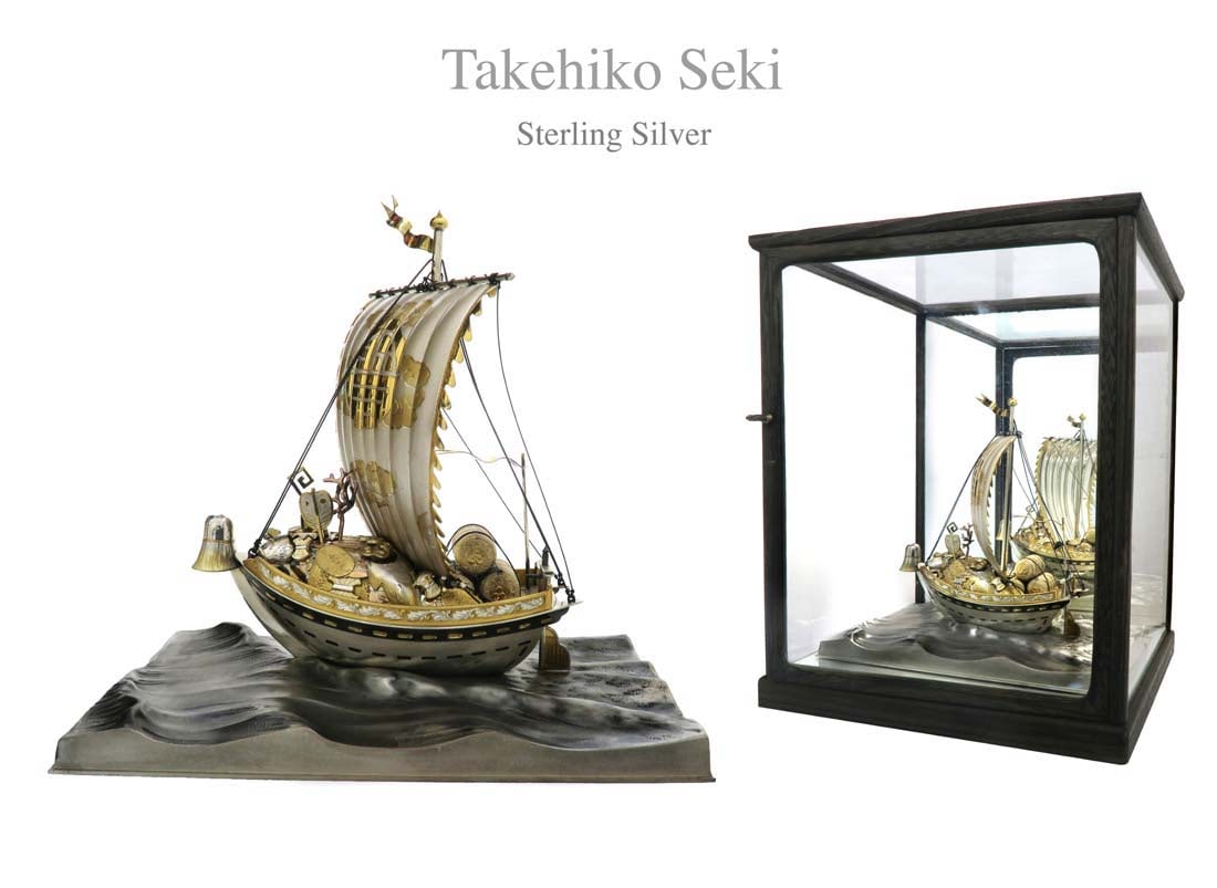 Takehiko Seki Japanese Sterling Silver Treasure Ship Art Boat: Takehiko Seki Japanese Sterling Silver Treasure Ship Art Boat. Measures H: 8" x 8 1/2" x 5"