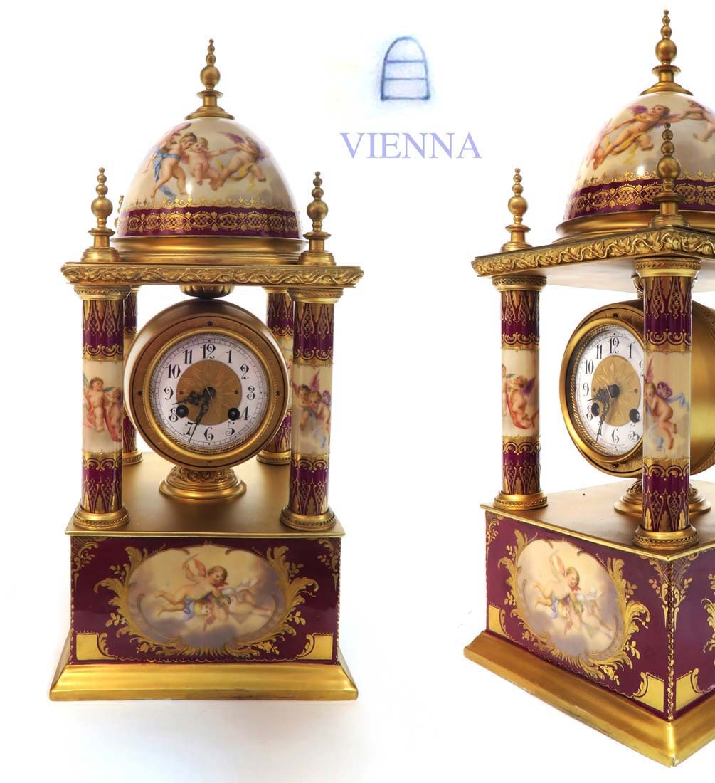 Large 19th C. Royal Vienna Austrian Clock: Large 19th C. Royal Vienna Austrian Clock. Measures H: 18 1/2" W: 8 1/2" D: 8 1/2"