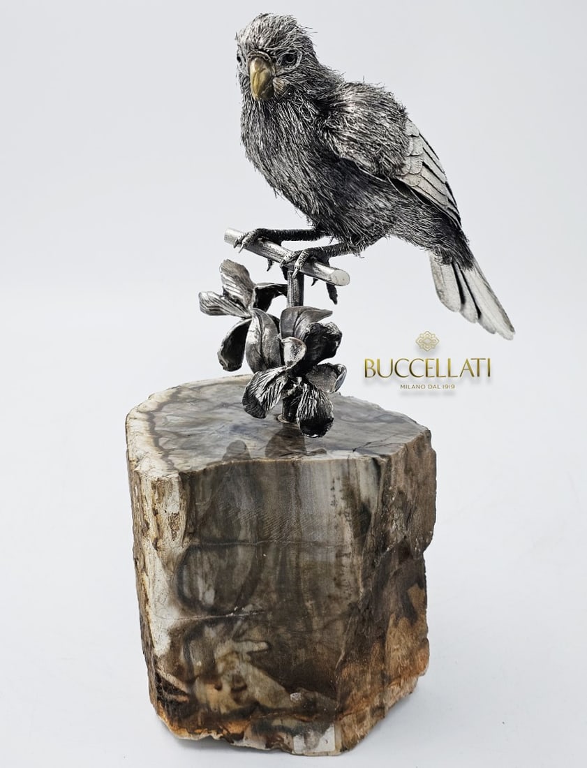 M. Buccellati Silver Furry Bird Sitting On A Branch With Hand Carved Natural Petrified Wood Stone (1 of 7)