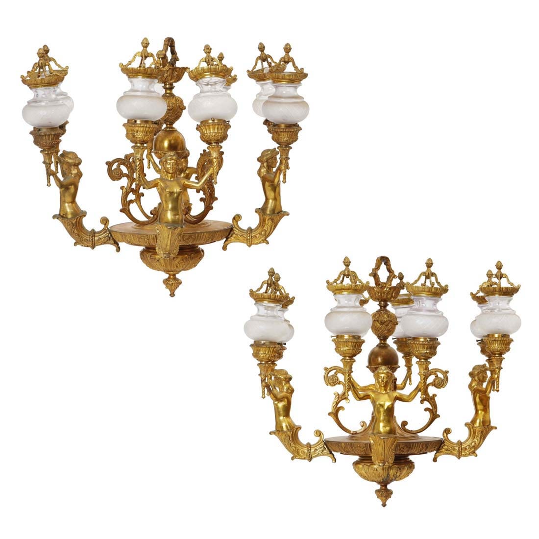 Pair of Late 19th C. Louis XVI Style Gilt Bronze Chandeliers: Pair of Late 19th C. Louis XVI Style 8 Light Gilt Bronze Chandeliers. Measures H: 22 1/2" W: 25 1/2"