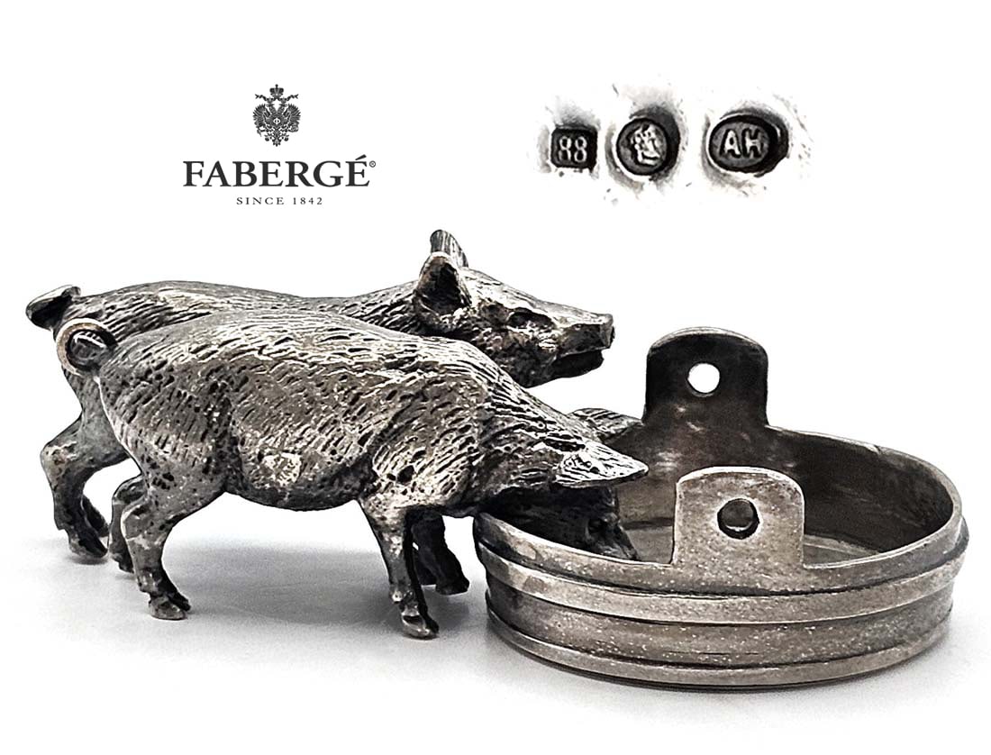 19th C. Russian Faberge 88 Silver (118grams) Couple Pigs Figurine (1 of 8)