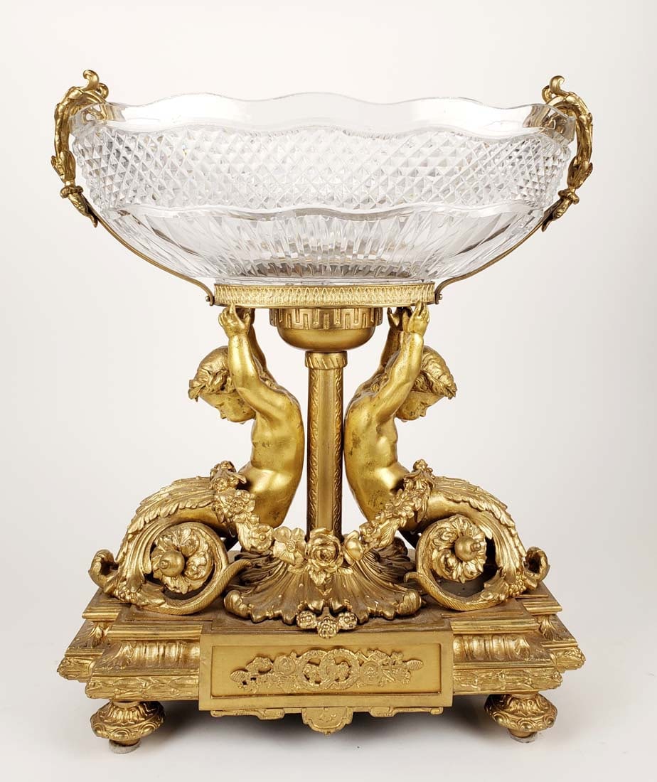 Large 19th C. French Gilt Bronze & Baccarat Crystal Centerpiece: Large 19th C. French Gilt Bronze & Baccarat Crystal Centerpiece. Measures H: 17 1/4" W: 14 1/2"