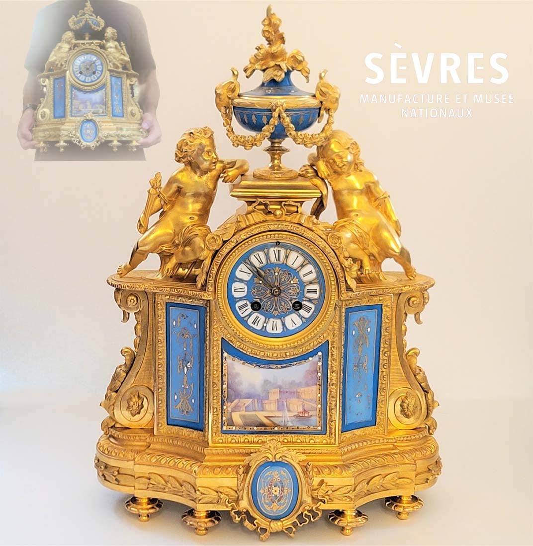 Large 19th C. Sevres Gilt Bronze And Porcelain Mantle Clock: Large 19th C. Sevres Gilt Bronze And Porcelain Mantle Clock. H 19" x W 5" x L 13 1/2"