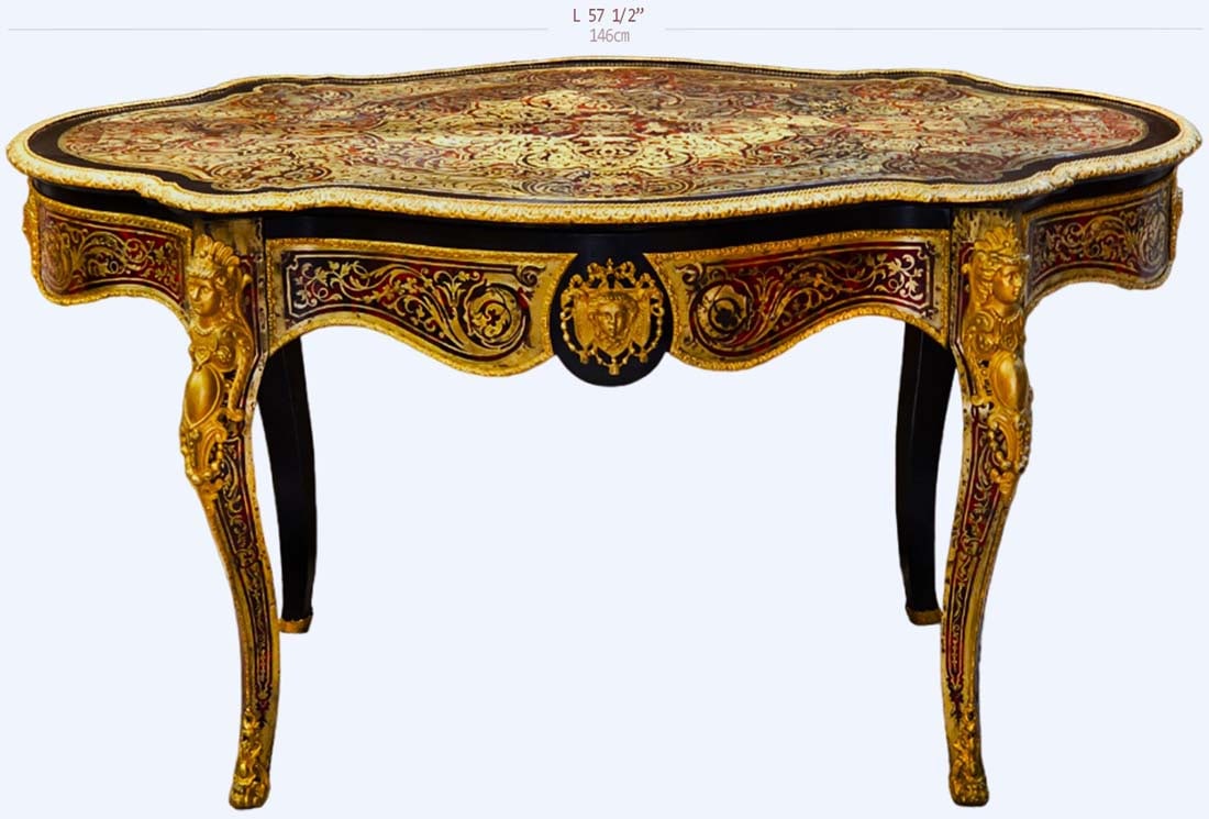 19th C. French Boulle Figural Bronze Mounted Table: 19th C. French Boulle Figural Bronze Mounted Table. H 30 1/4" x W 34 1/2" x L 57 1/2"