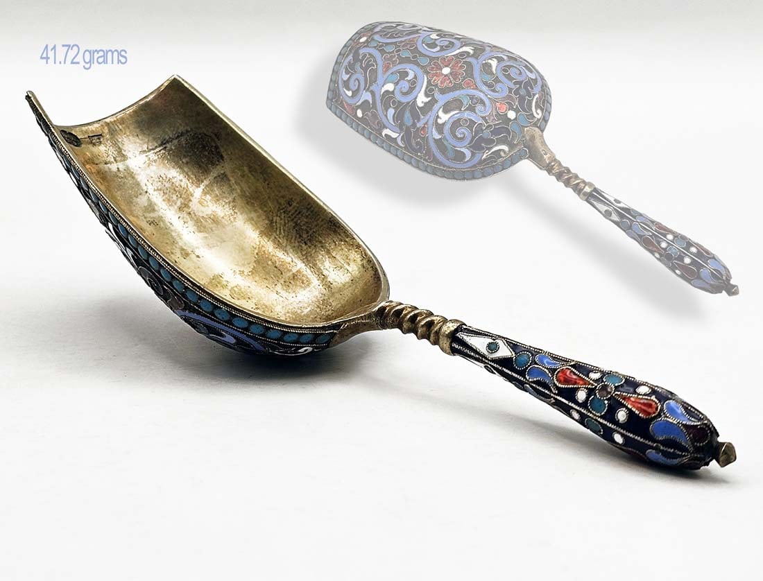 19th C. Faberge Style (41.72 grams) Russian Enamel Silver Gilt Tea Caddy Spoon (1 of 3)