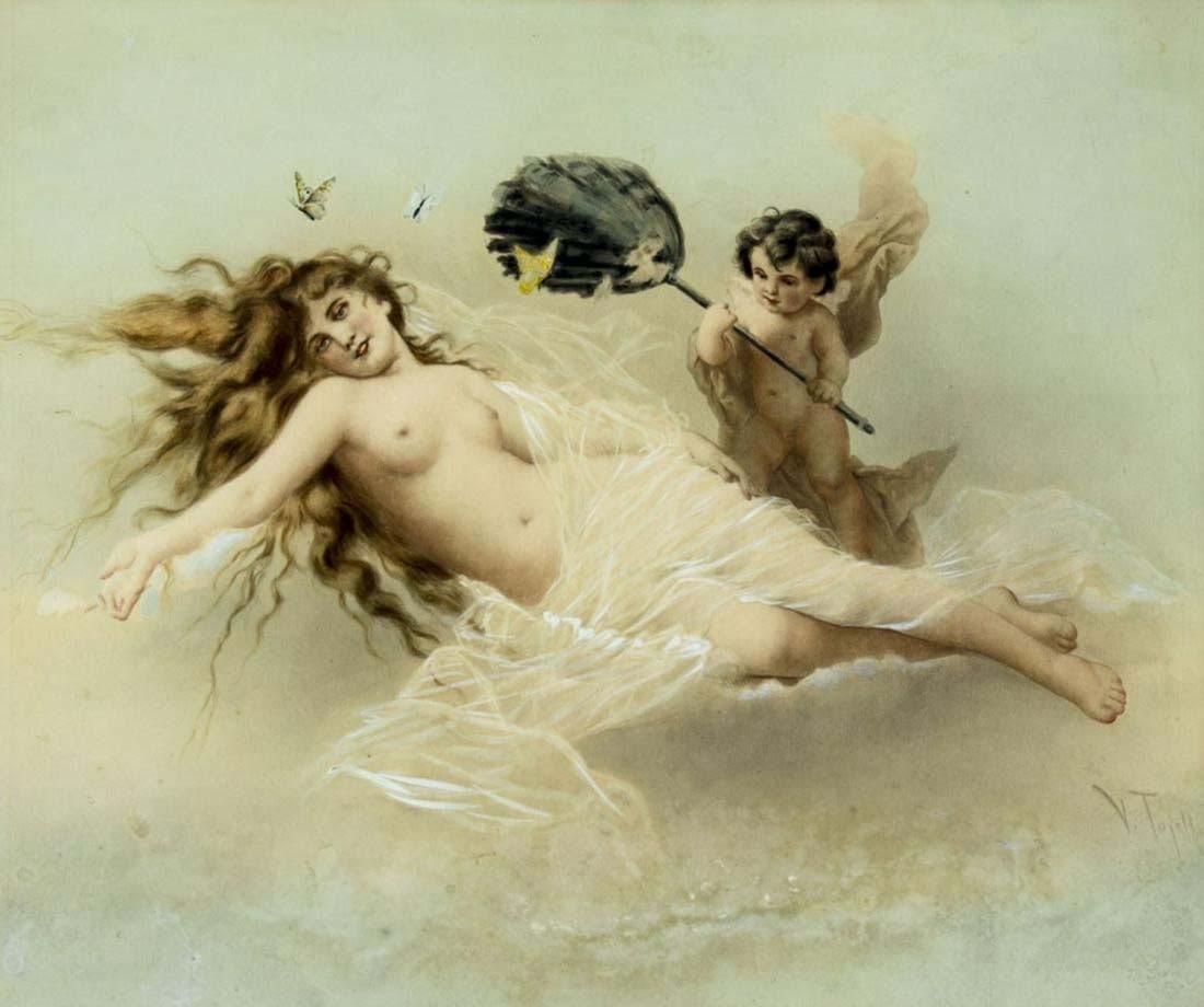 Virgilio Tojetti (NY,CA,1851-1901) "Nude Woman & Putti" Watercolor Painting: Virgilio Tojetti (NY,CA,1851-1901) "Nude Woman & Putti" Watercolor Painting. SIGHT SIZE: 18 x 21 inches / 45 x 53 cmBOARD SIZE: 20 x 23 inches / 50 x 58 cm
