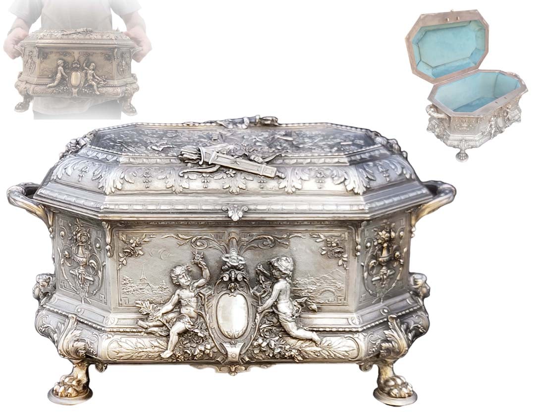 Large 19th Century French Figural Silver Plated Jewelry Box: Large 19th Century French Figural Silver Plated Jewelry Box. H 9" x W 9" x L 15"