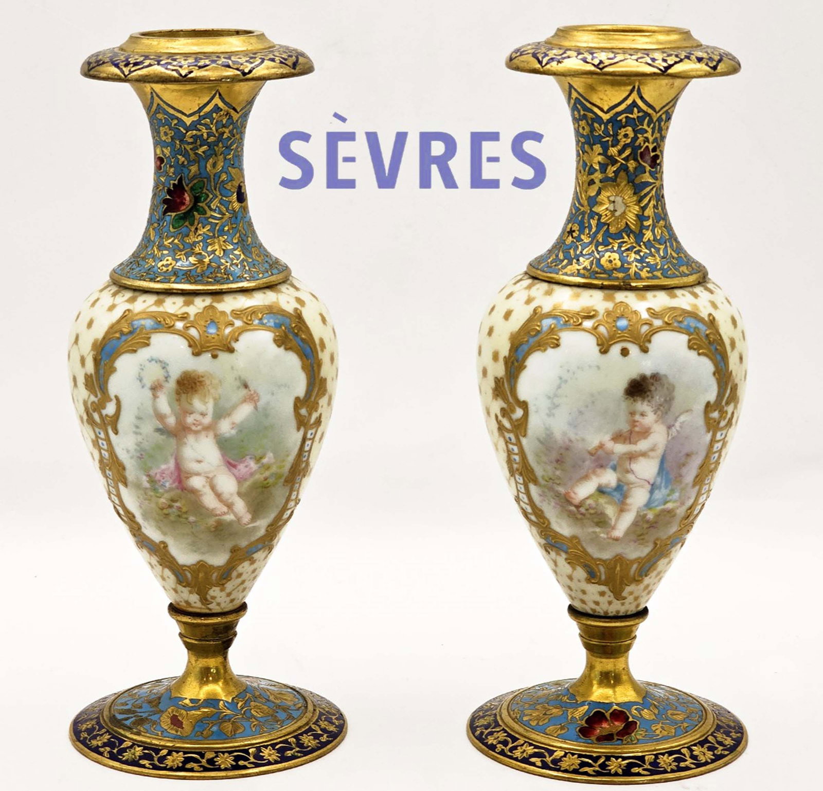 Pair Of 19th C. French Champleve Sevres Urns (1 of 10)
