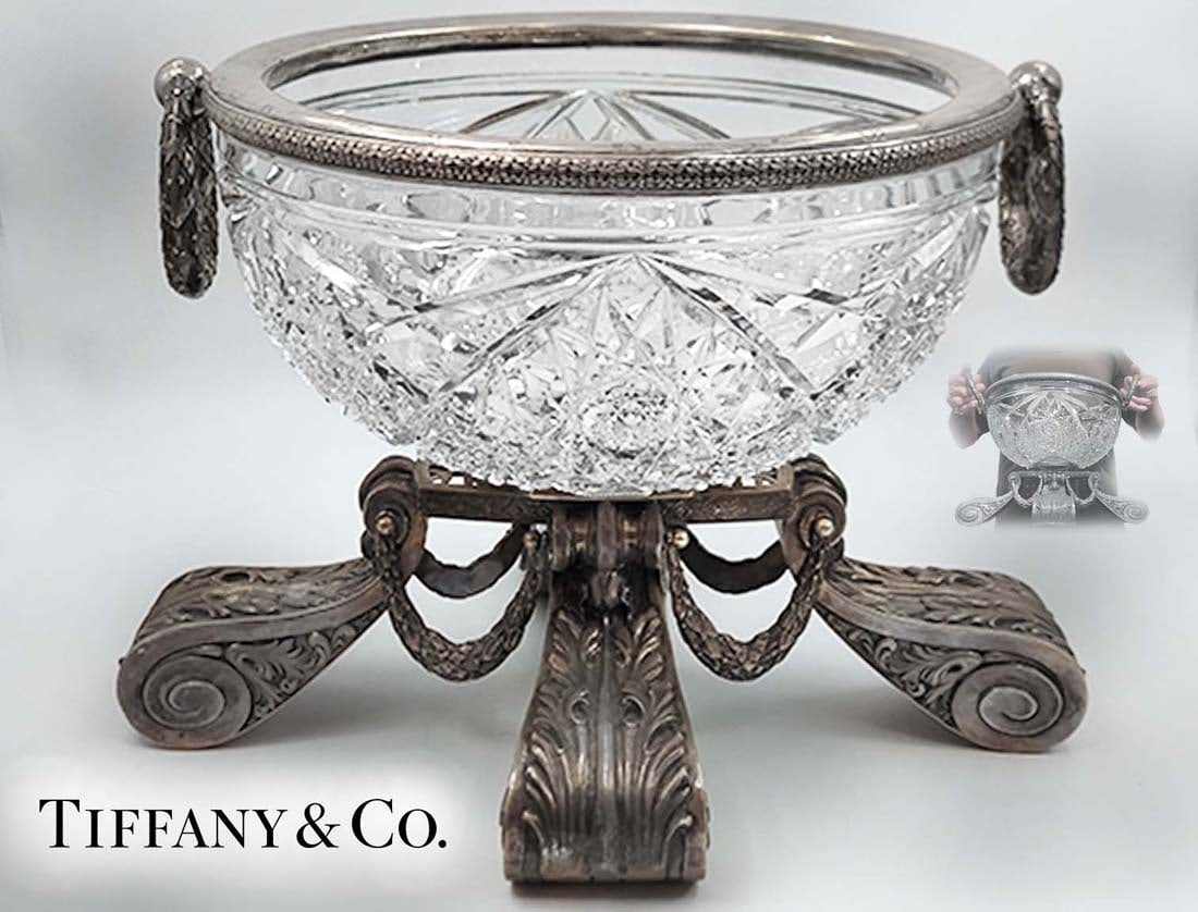 Large 19th C. Tiffany And Co. Sterling Silver With Russian Crystal Centerpiece, Made By Faberge For: Large 19th C. Tiffany And Co. Sterling Silver With Russian Crystal Centerpiece, Made By Faberge For Tiffany. H 10 1/4" x W 11 1/4" L 14 7/8"