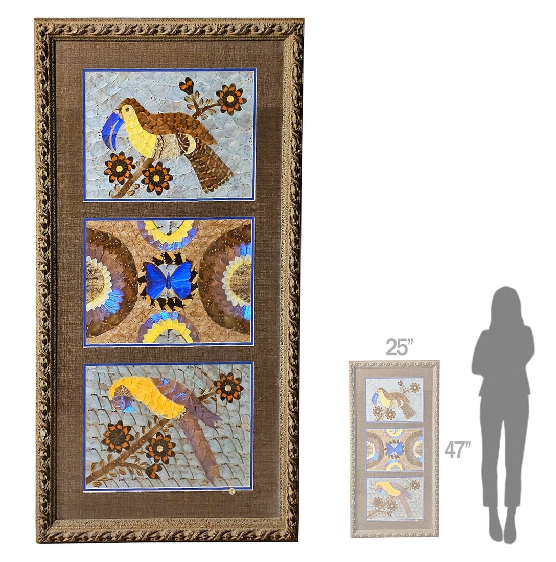 Large Collage Parrots & Flowers, Butterfly Moth Wings Taxidermy Art: Large Collage Parrots & Flowers, Butterfly Moth Wings Taxidermy Art. 25" x 47"