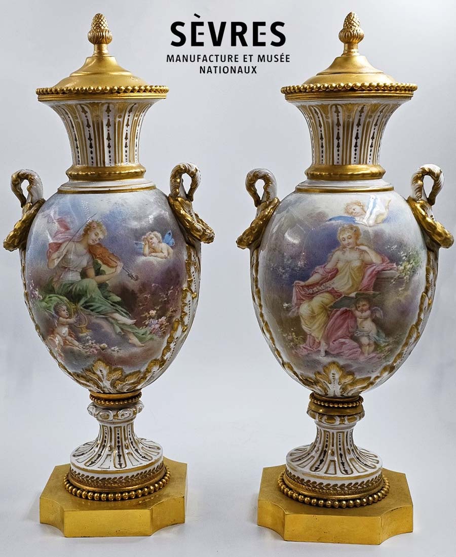 Pair Of 19th C. French Sevres Urns, Signed: Pair Of 19th C. French Sevres Urns, Signed. H 18" x W 6" x L 8"