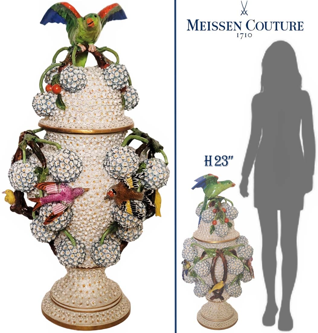 Large Meissen Bird On Branches Figural Snowball Vase, Centerpiece: Large Meissen Bird On Branches Figural Snowball Vase, Centerpiece. H 23" x W 12"
