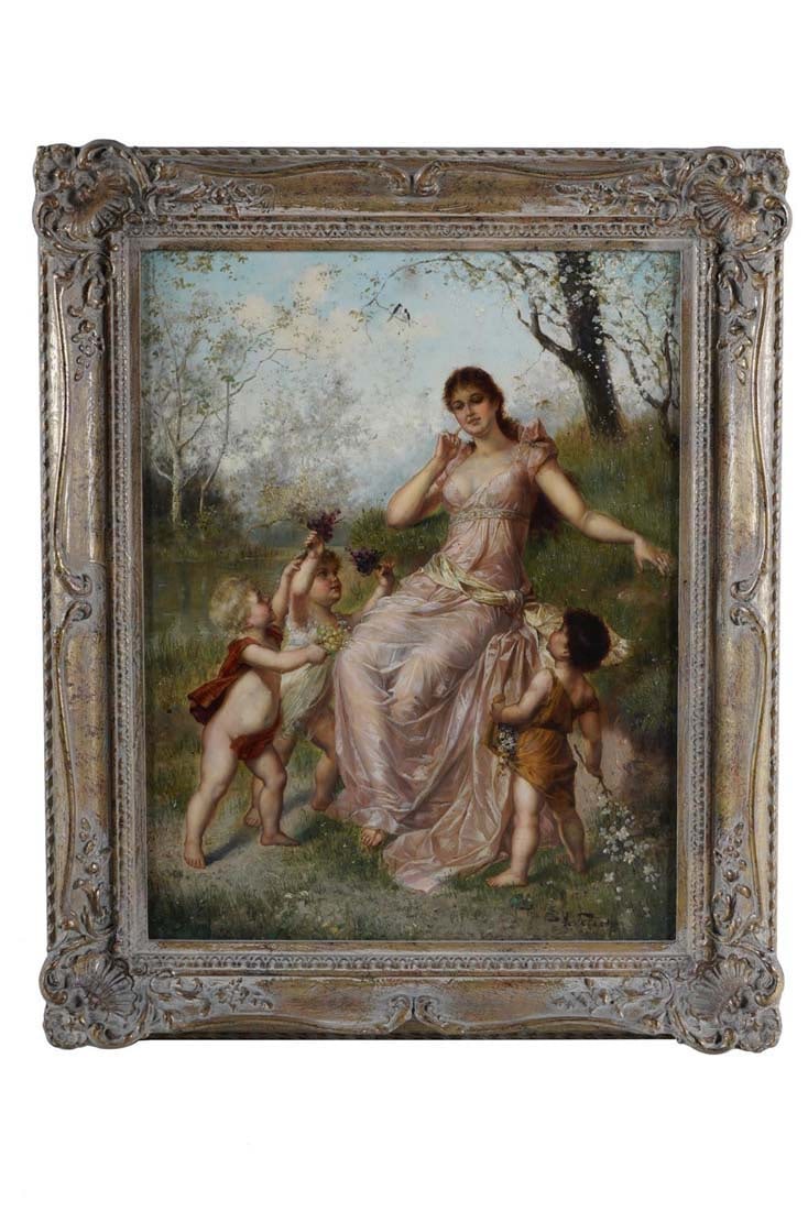 Anton Tesler (German), 19th C. "Spring" Oil on Canvas: Anton Tesler (German), 19th C. "Spring" Oil on Canvas. oil on panel signed 'A. Tesler' lower right (Anton Tesler German, 19th century) retaining inventory label and old catalog entry verso panel size